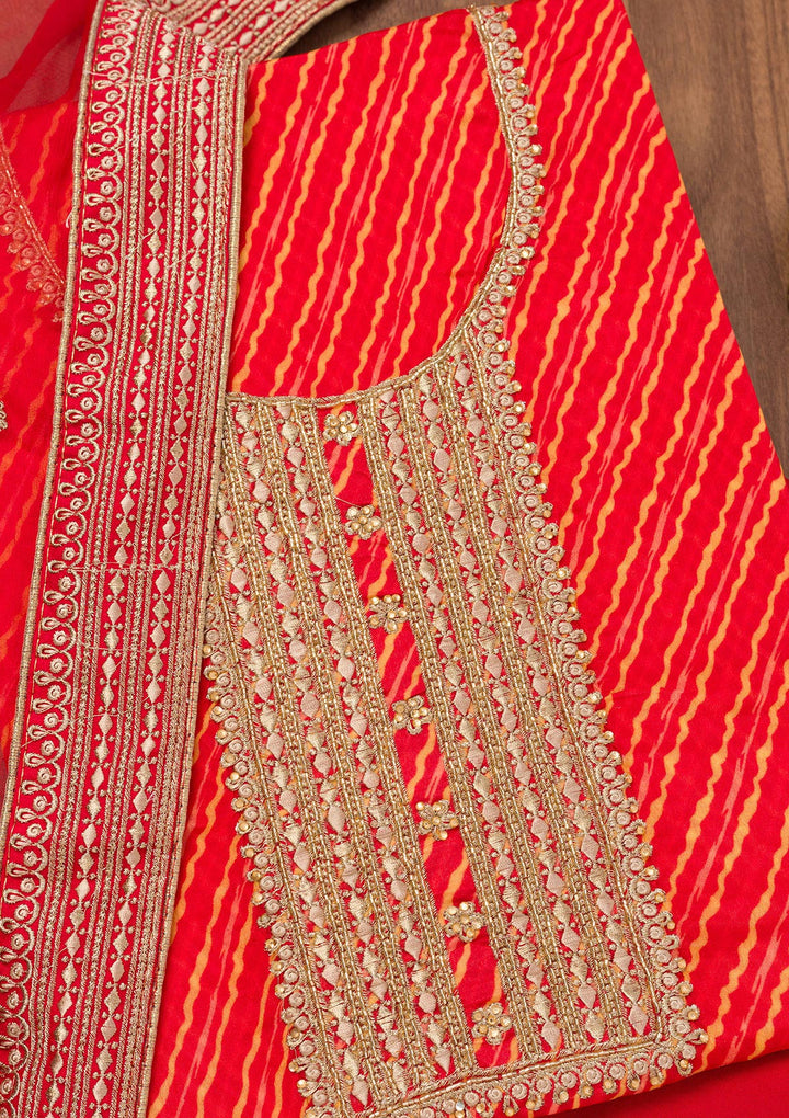 Red Georgette Bandhej Cutdana Unstitched Dress Material With Matching Bottom And Dupatta