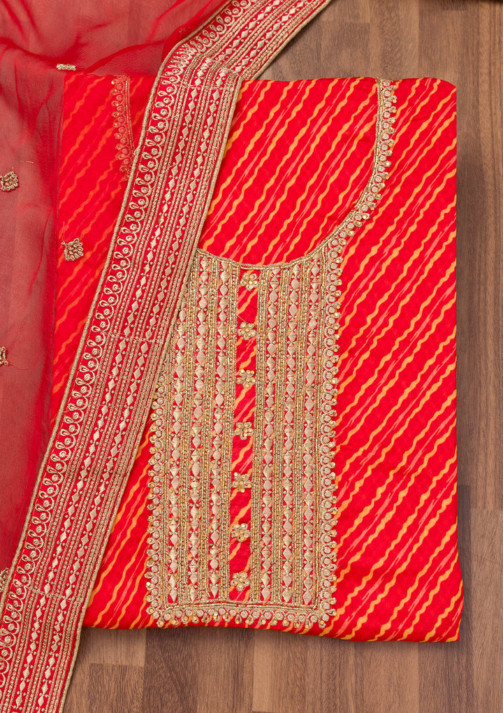 Red Georgette Bandhej Cutdana Unstitched Dress Material With Matching Bottom And Dupatta