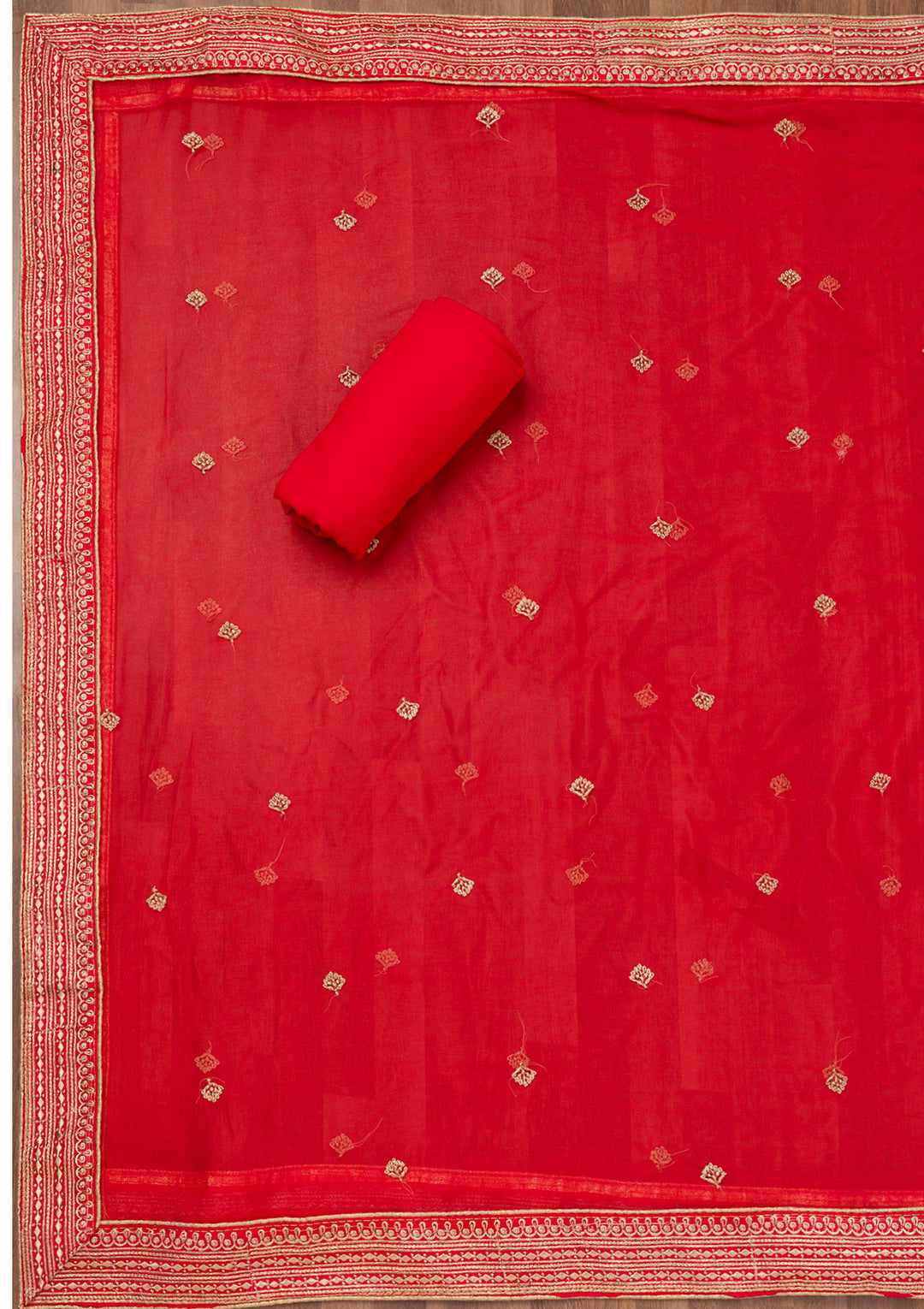 Red Georgette Bandhej Cutdana Unstitched Dress Material With Matching Bottom And Dupatta
