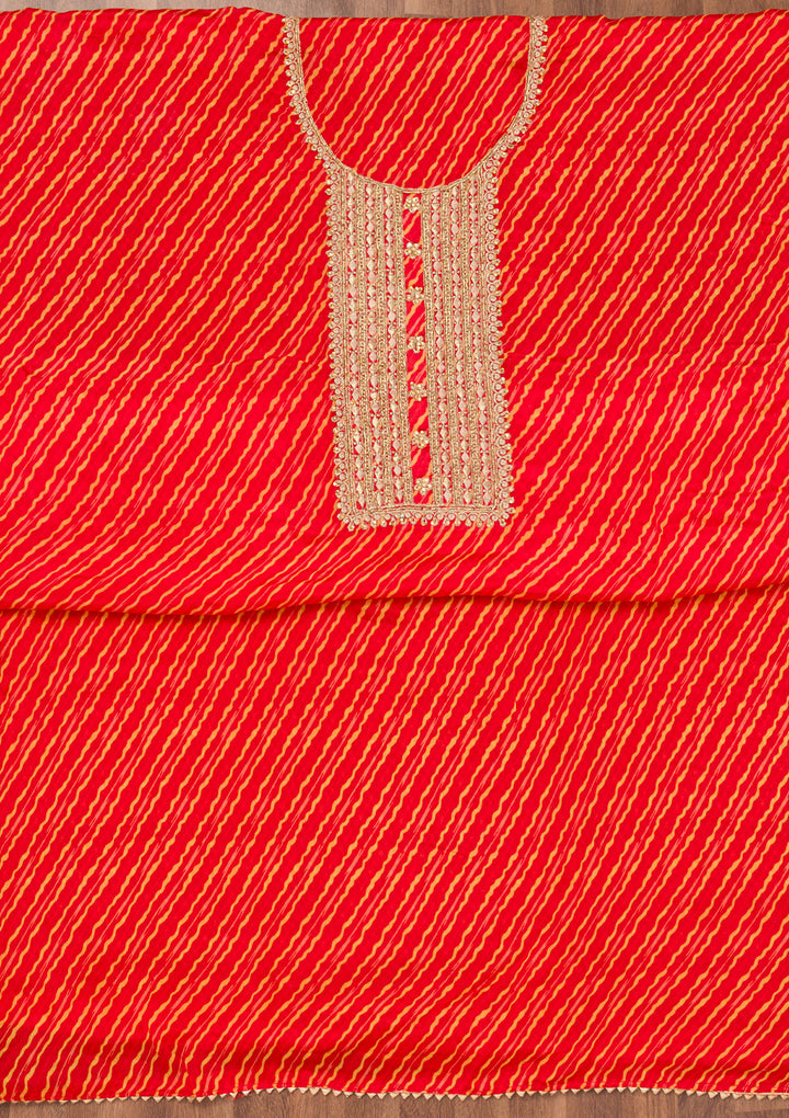 Red Georgette Bandhej Cutdana Unstitched Dress Material With Matching Bottom And Dupatta
