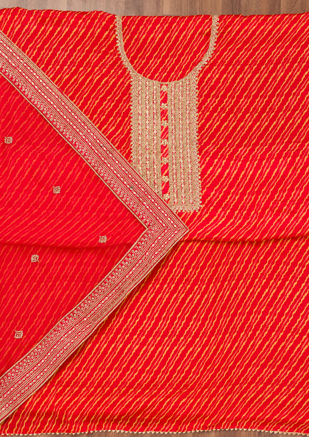 Red Georgette Bandhej Cutdana Unstitched Dress Material With Matching Bottom And Dupatta