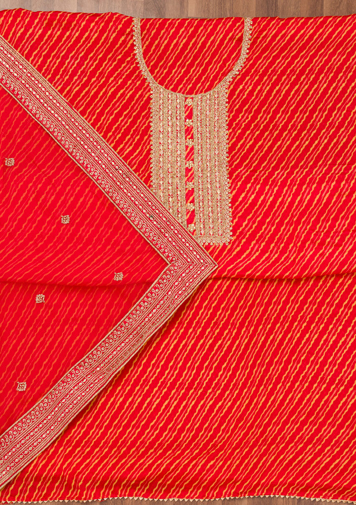 Red Georgette Bandhej Cutdana Unstitched Dress Material With Matching Bottom And Dupatta