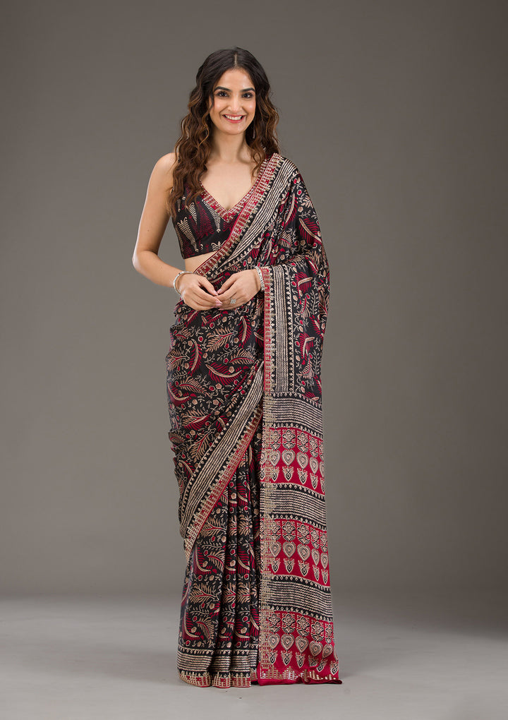 Red Stonework (Silver) Satin Saree