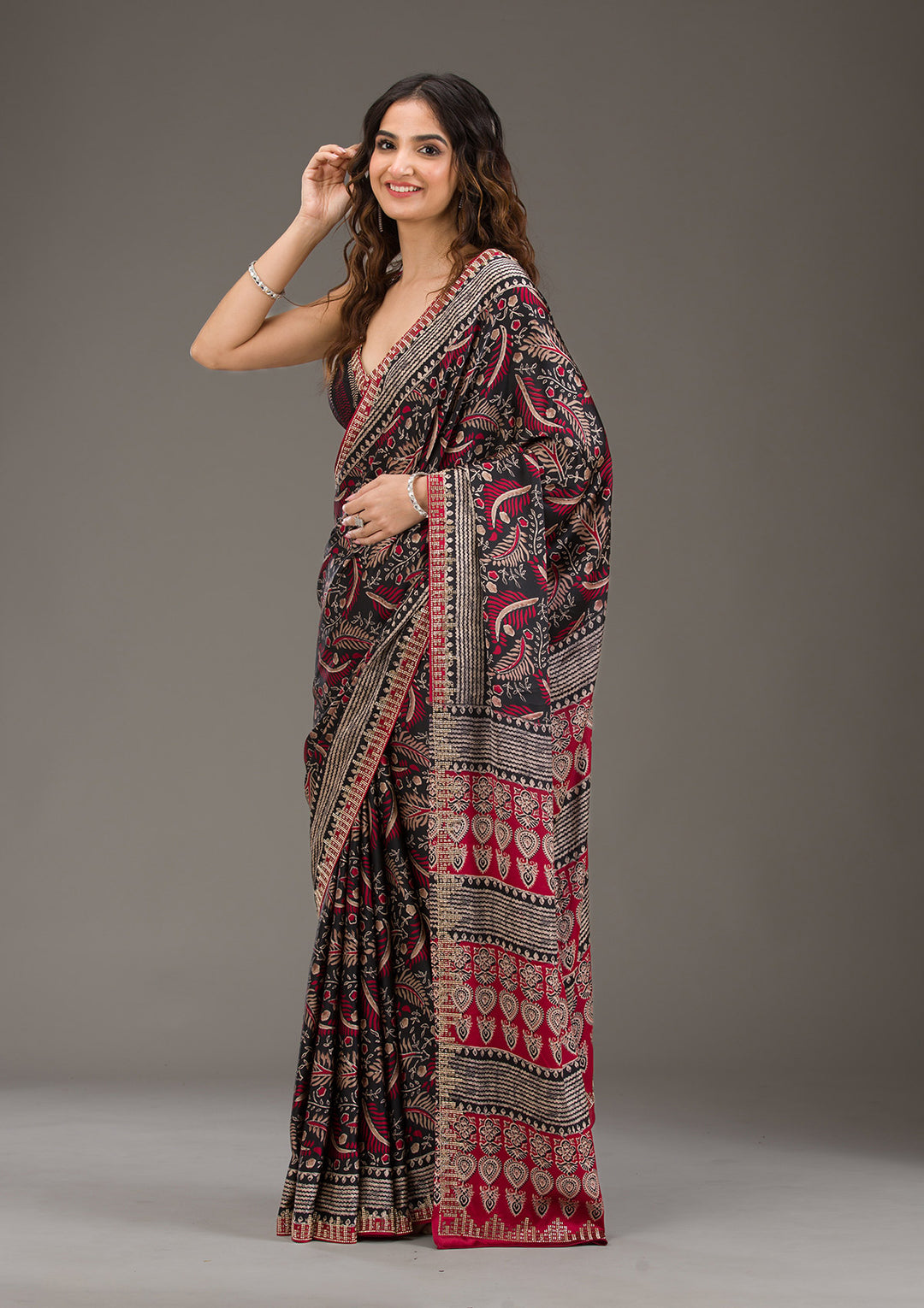 Red Stonework (Silver) Satin Saree