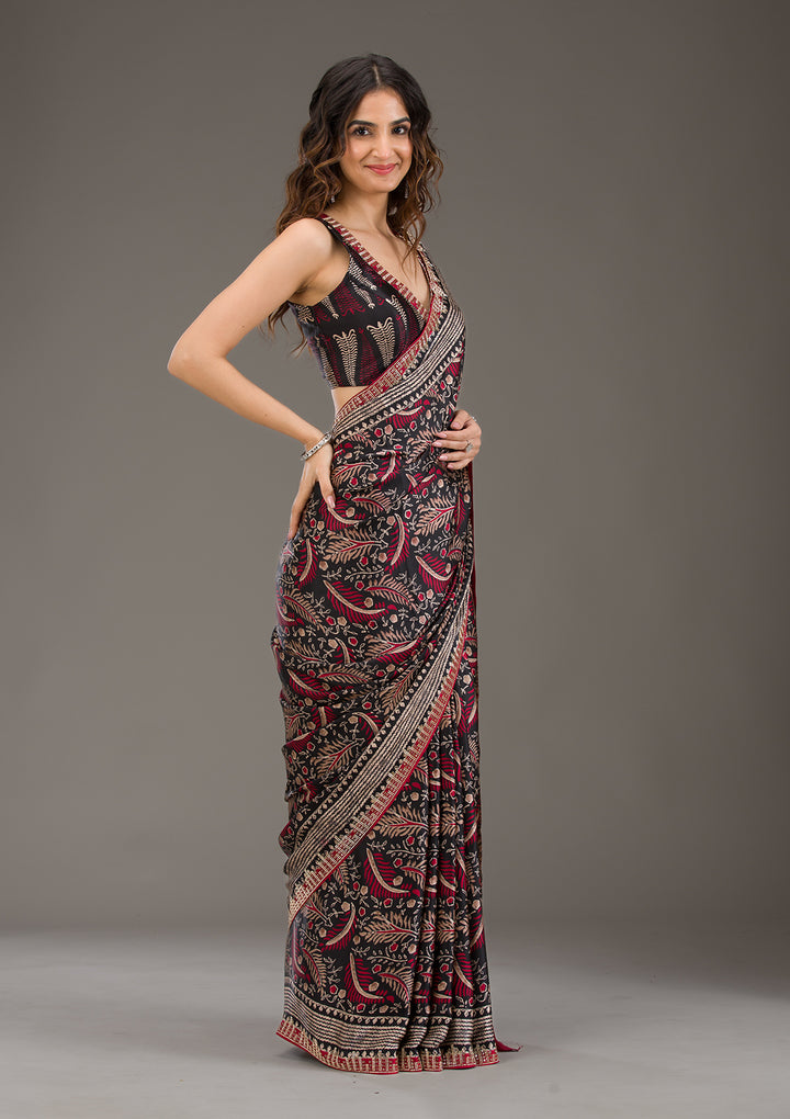 Red Stonework (Silver) Satin Saree