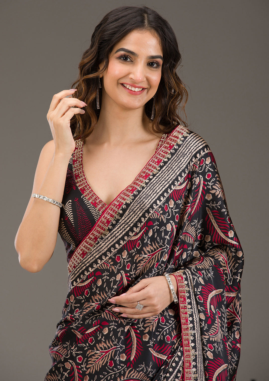 Red Stonework (Silver) Satin Saree
