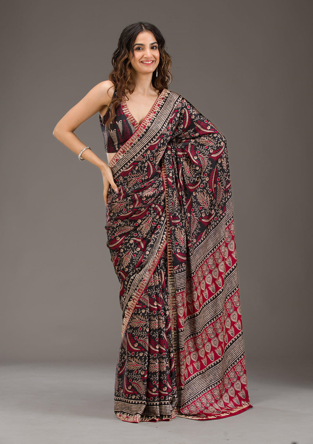 Red Stonework (Silver) Satin Saree