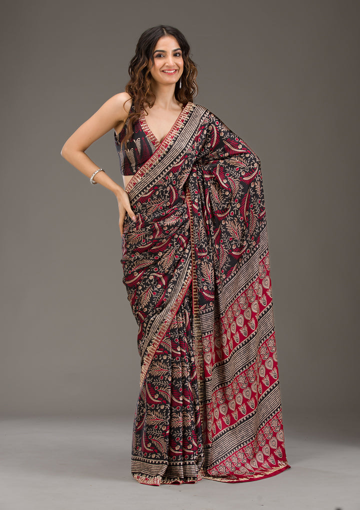 Red Stonework (Silver) Satin Saree