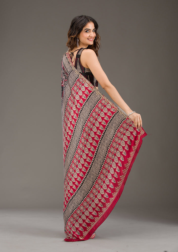 Red Stonework (Silver) Satin Saree