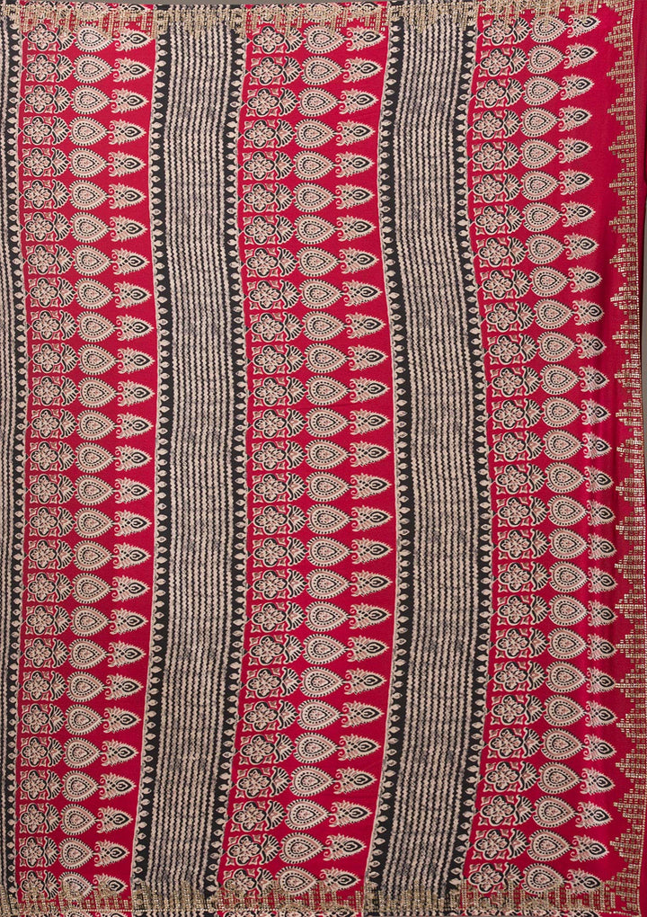 Red Stonework (Silver) Satin Saree