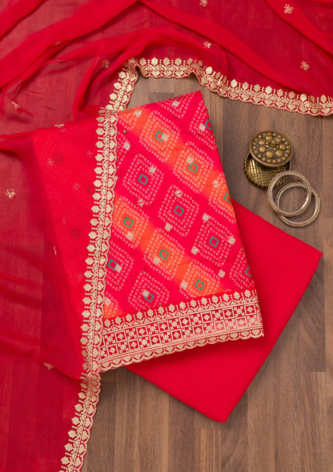Red Printed Tissue Unstitched Salwar Suit