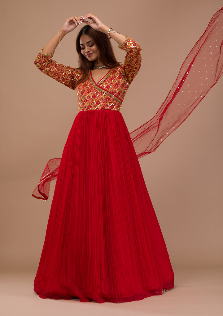 Red Sequins Georgette Readymade  Anarkali Suit
