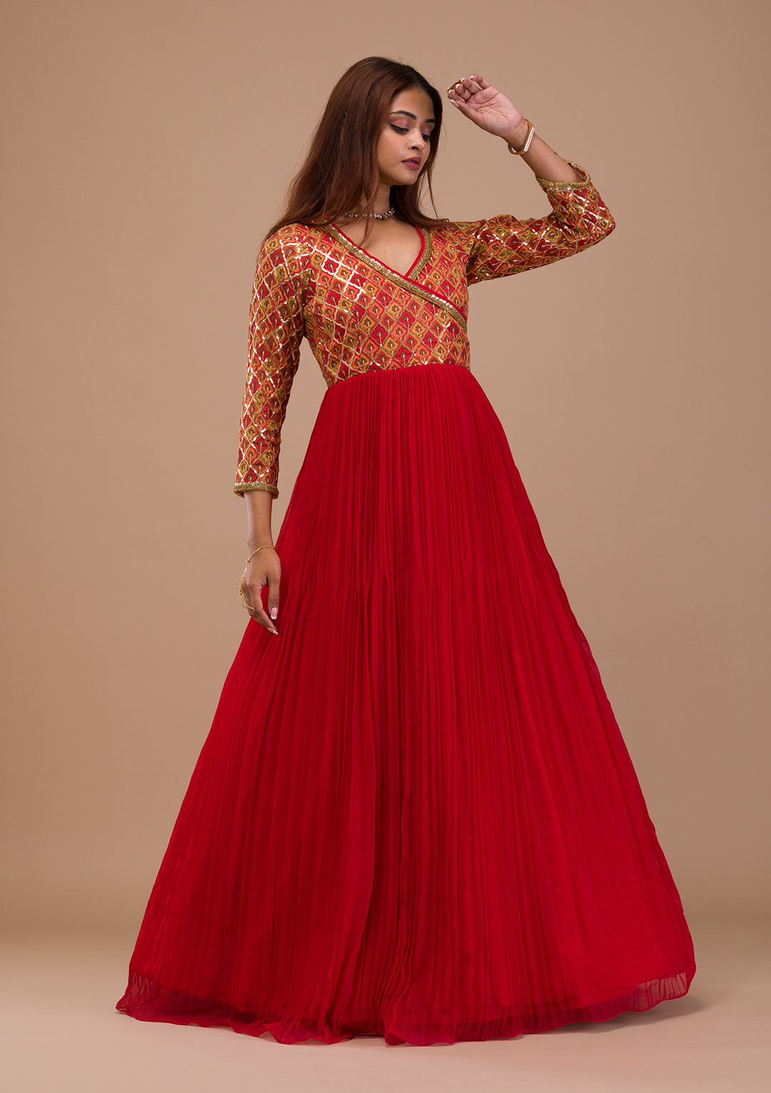Red Sequins Georgette Readymade  Anarkali Suit