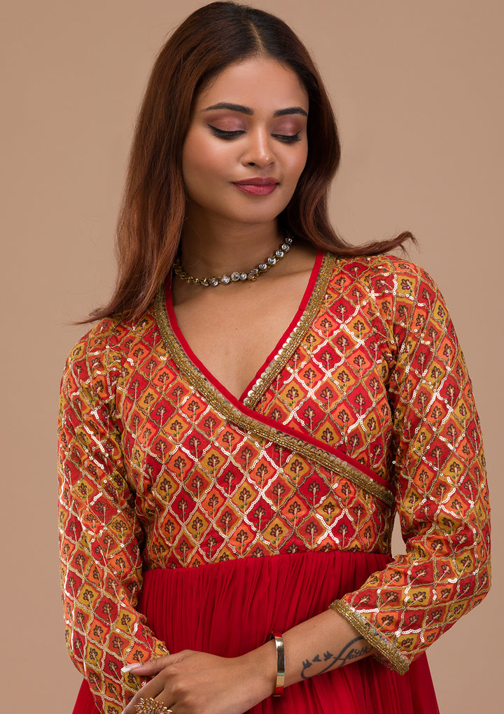 Red Sequins Georgette Readymade  Anarkali Suit
