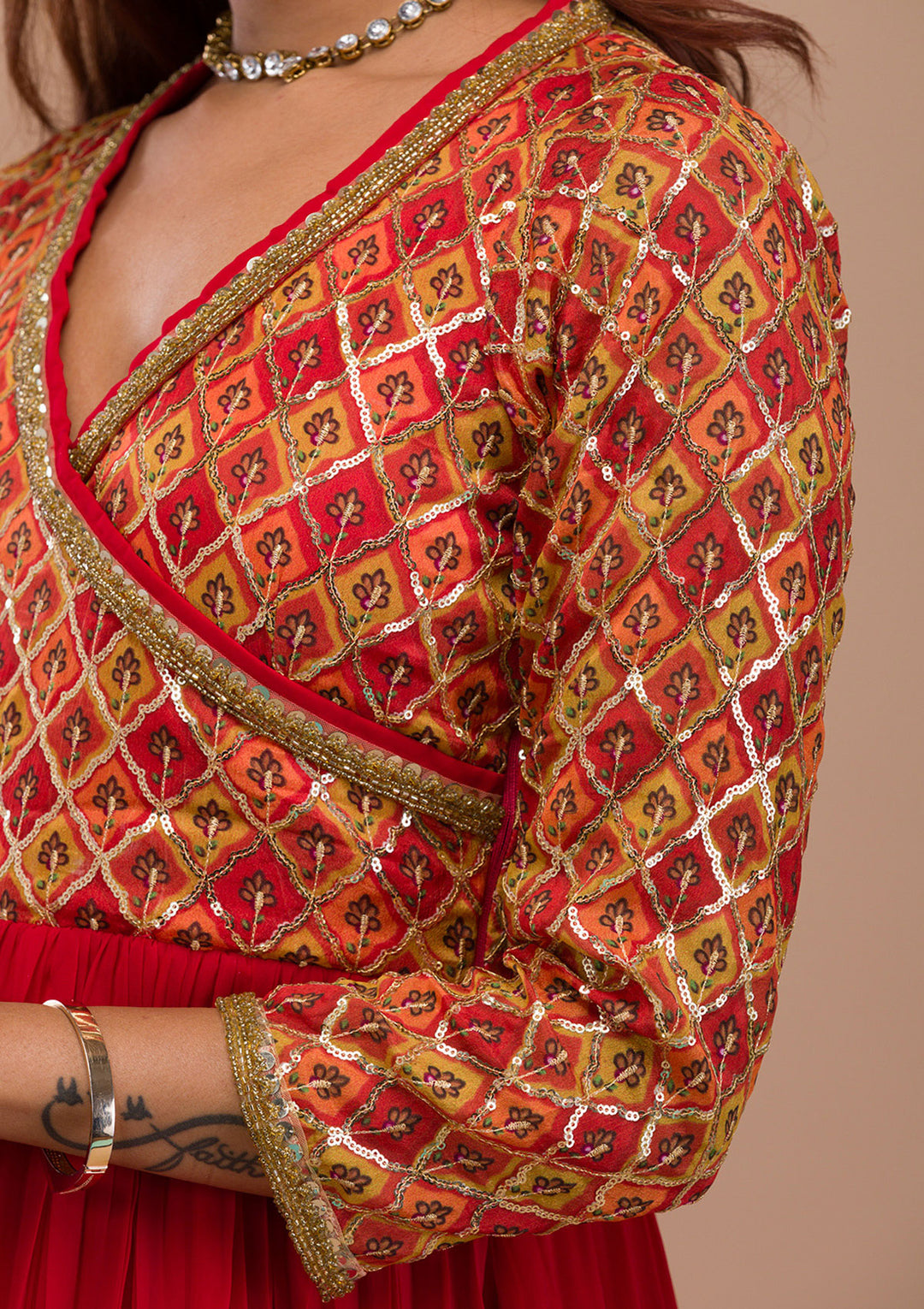 Red Sequins Georgette Readymade  Anarkali Suit