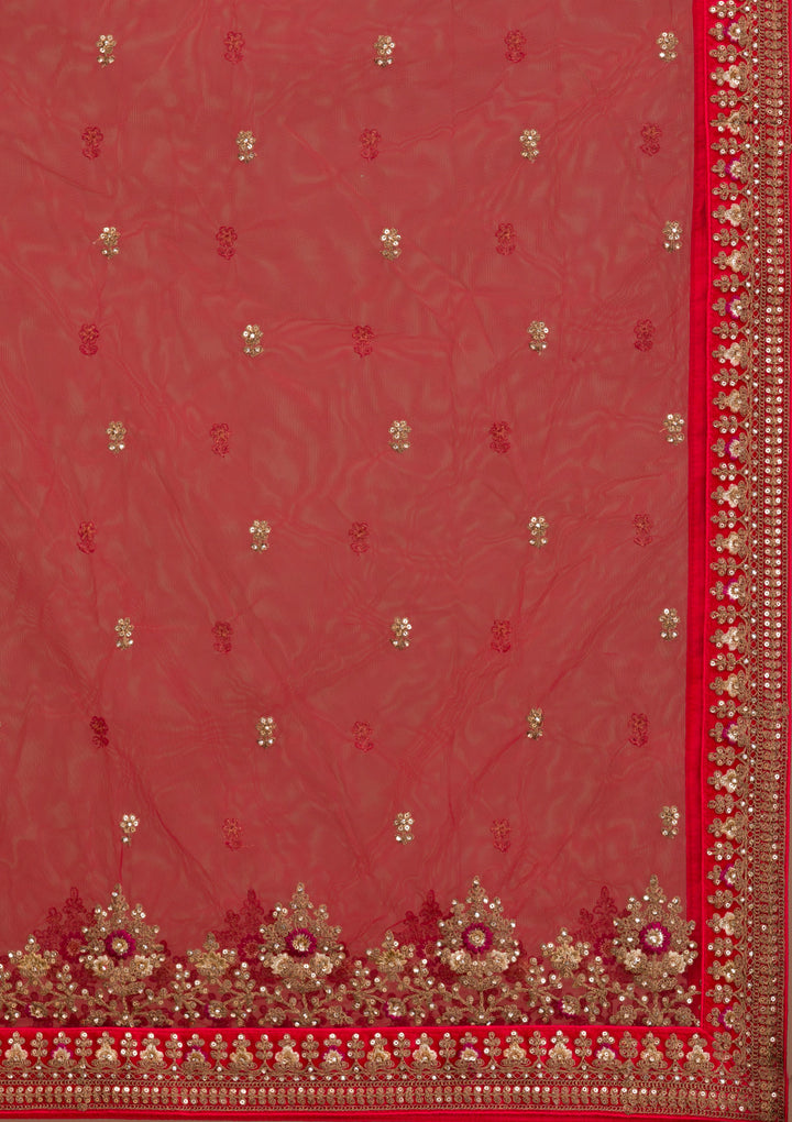 Red Stonework Net Semi Stitched Lehenga