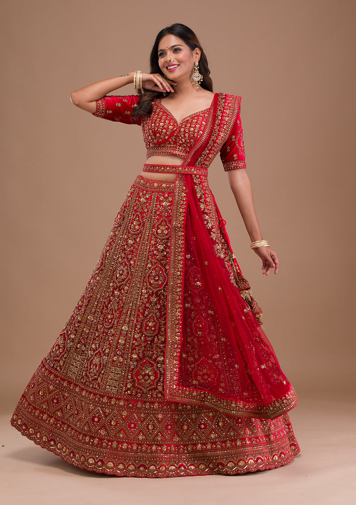 Red Stonework Net Semi Stitched Lehenga