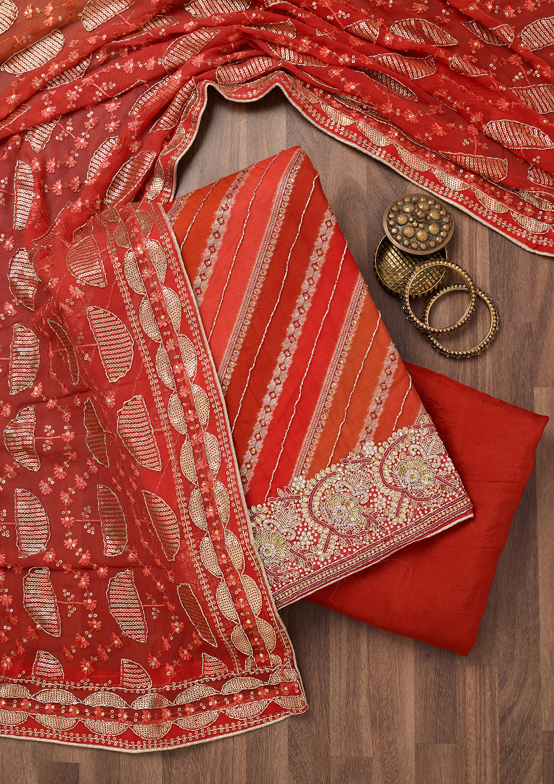 Red Stonework Semi Crepe Unstitched Salwar Suit