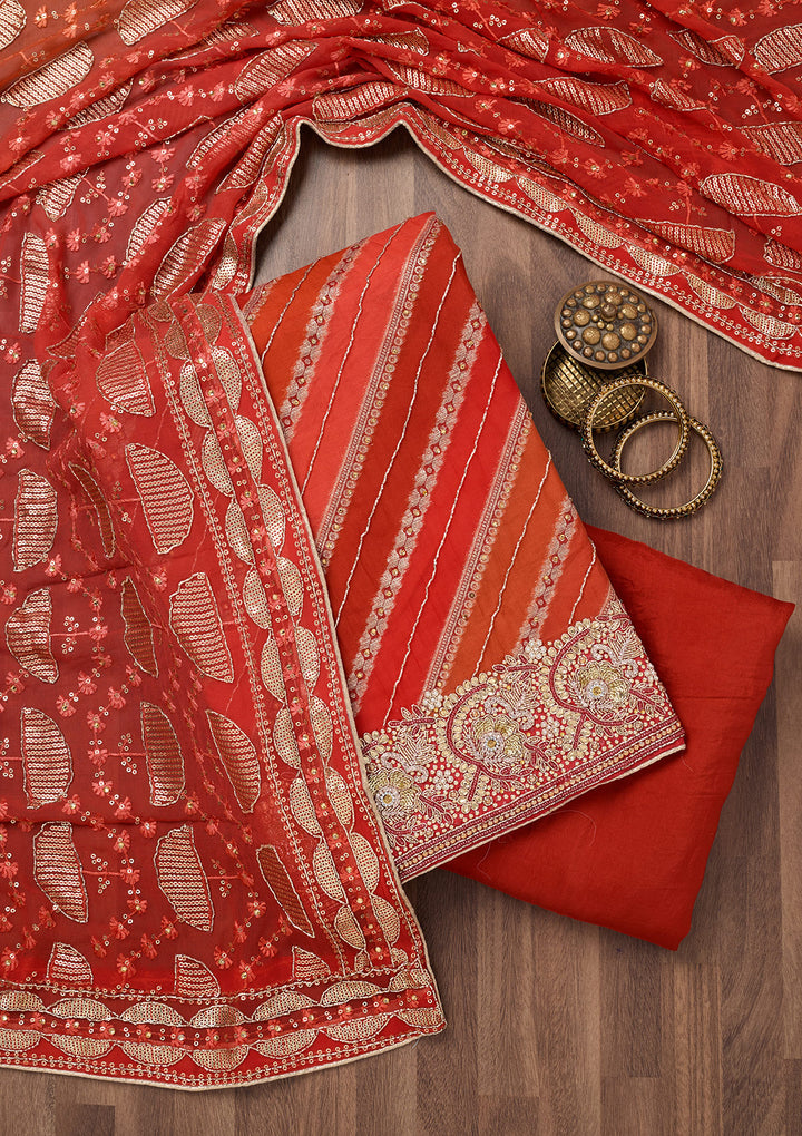 Red Stonework Semi Crepe Unstitched Salwar Suit