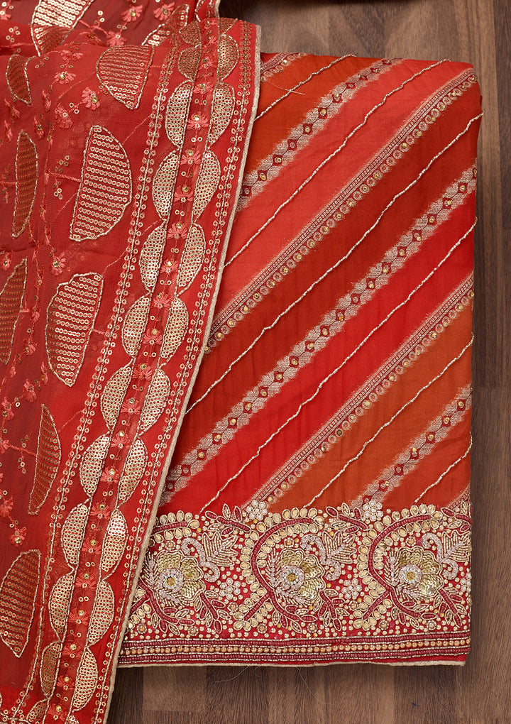 Red Stonework Semi Crepe Unstitched Salwar Suit
