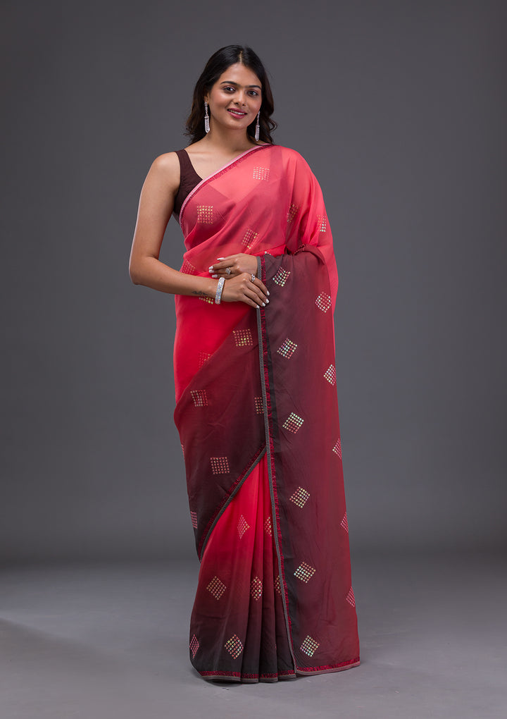 Red Satin Swarovski Saree With Matching Blouse Piece