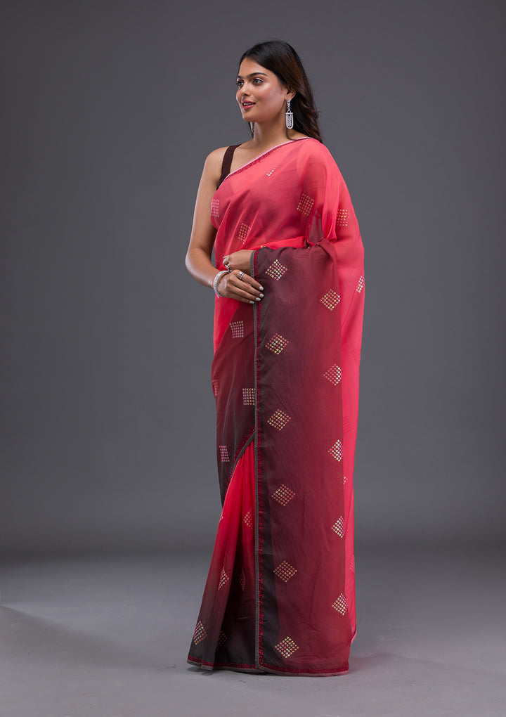 Red Satin Swarovski Saree With Matching Blouse Piece