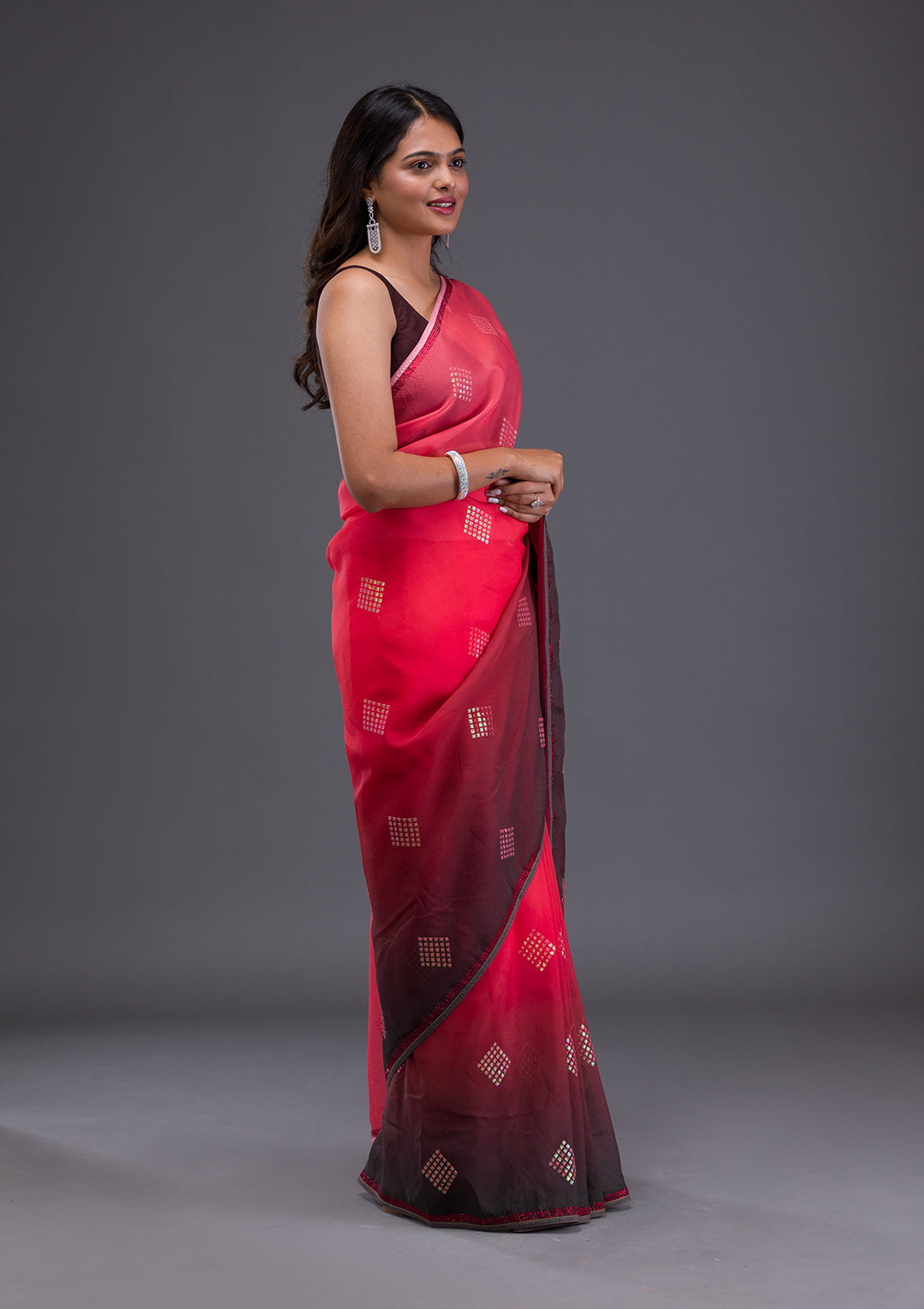 Red Satin Swarovski Saree With Matching Blouse Piece
