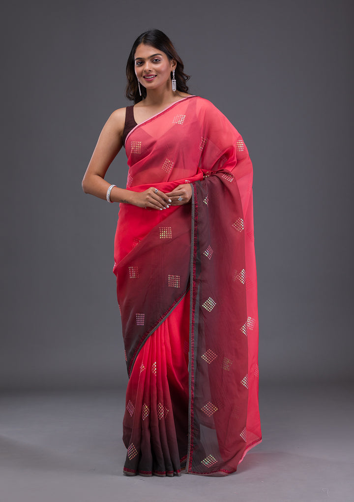 Red Satin Swarovski Saree With Matching Blouse Piece