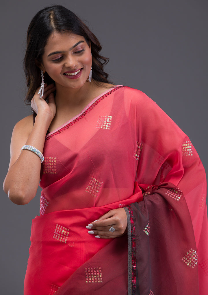 Red Satin Swarovski Saree With Matching Blouse Piece