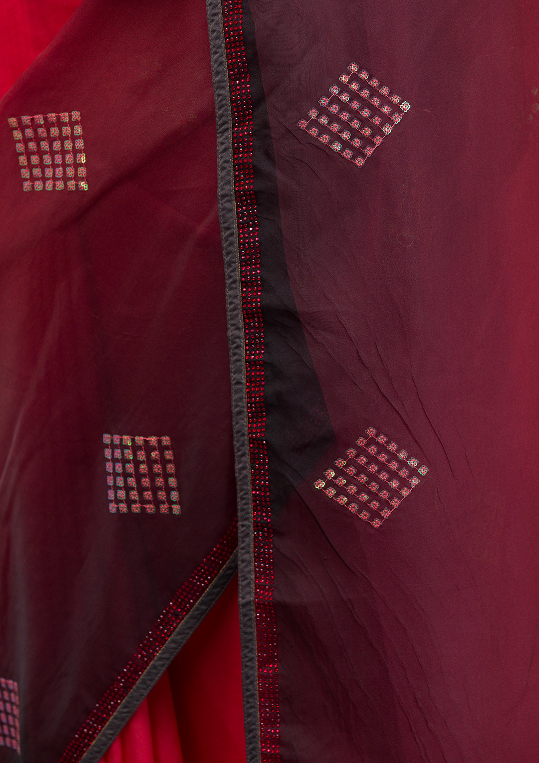 Red Satin Swarovski Saree With Matching Blouse Piece