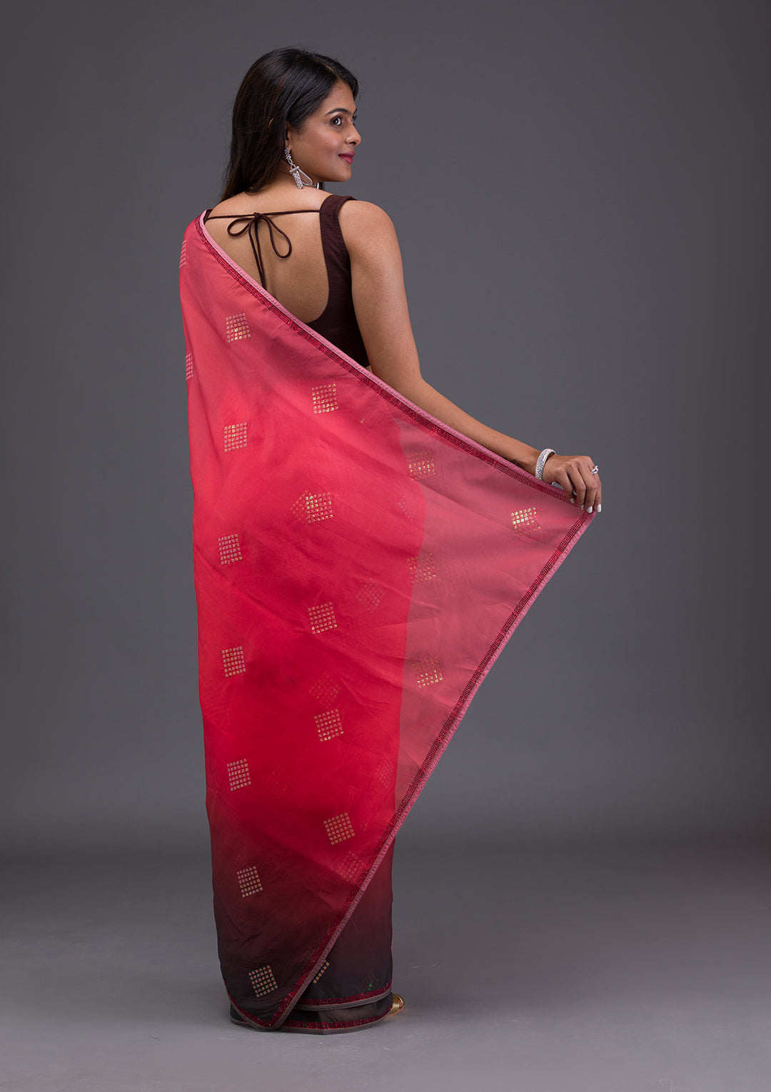 Red Satin Swarovski Saree With Matching Blouse Piece