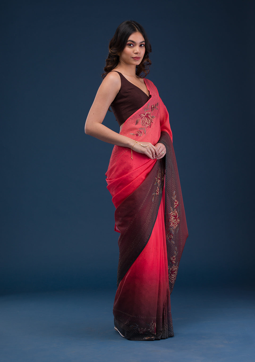 Red Satin Swarovski Saree With Matching Blouse Piece