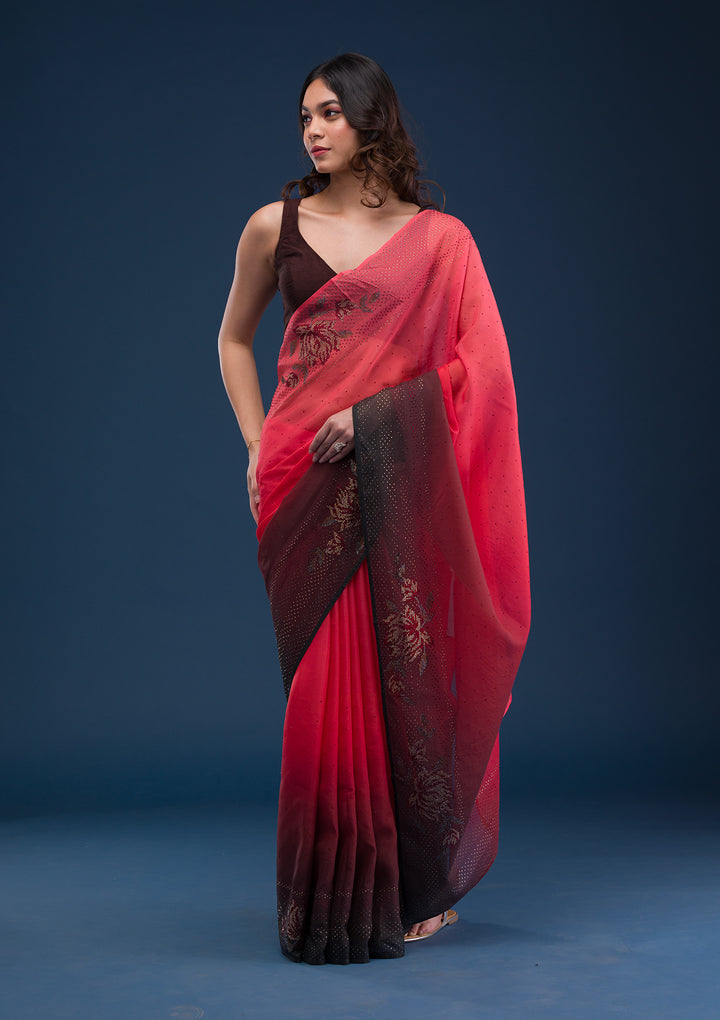 Red Satin Swarovski Saree With Matching Blouse Piece