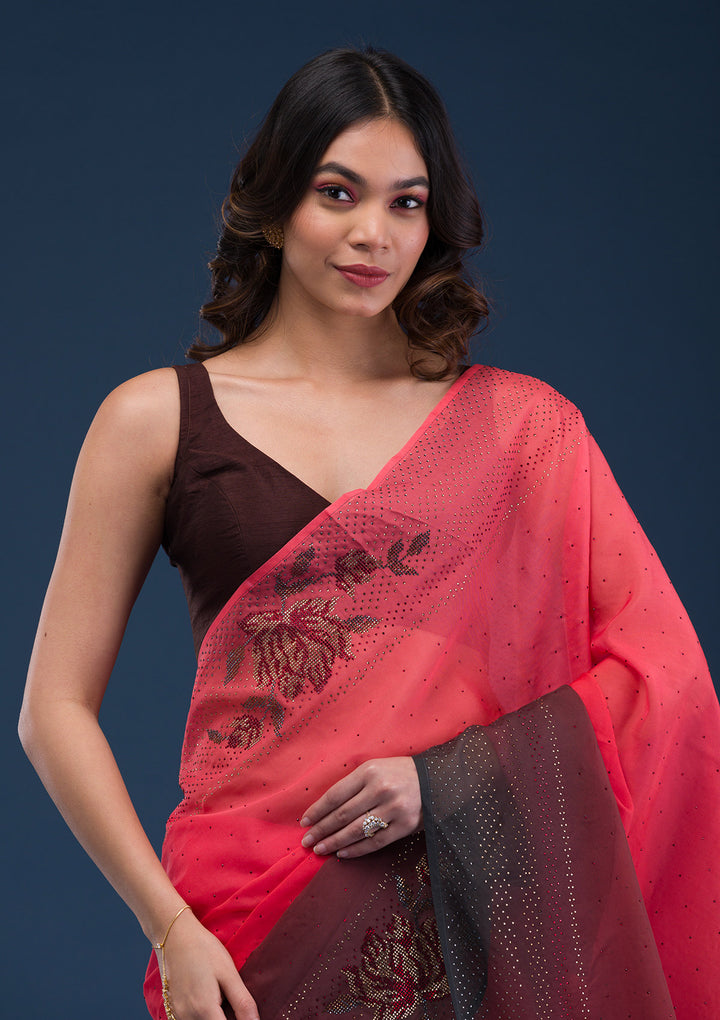 Red Satin Swarovski Saree With Matching Blouse Piece