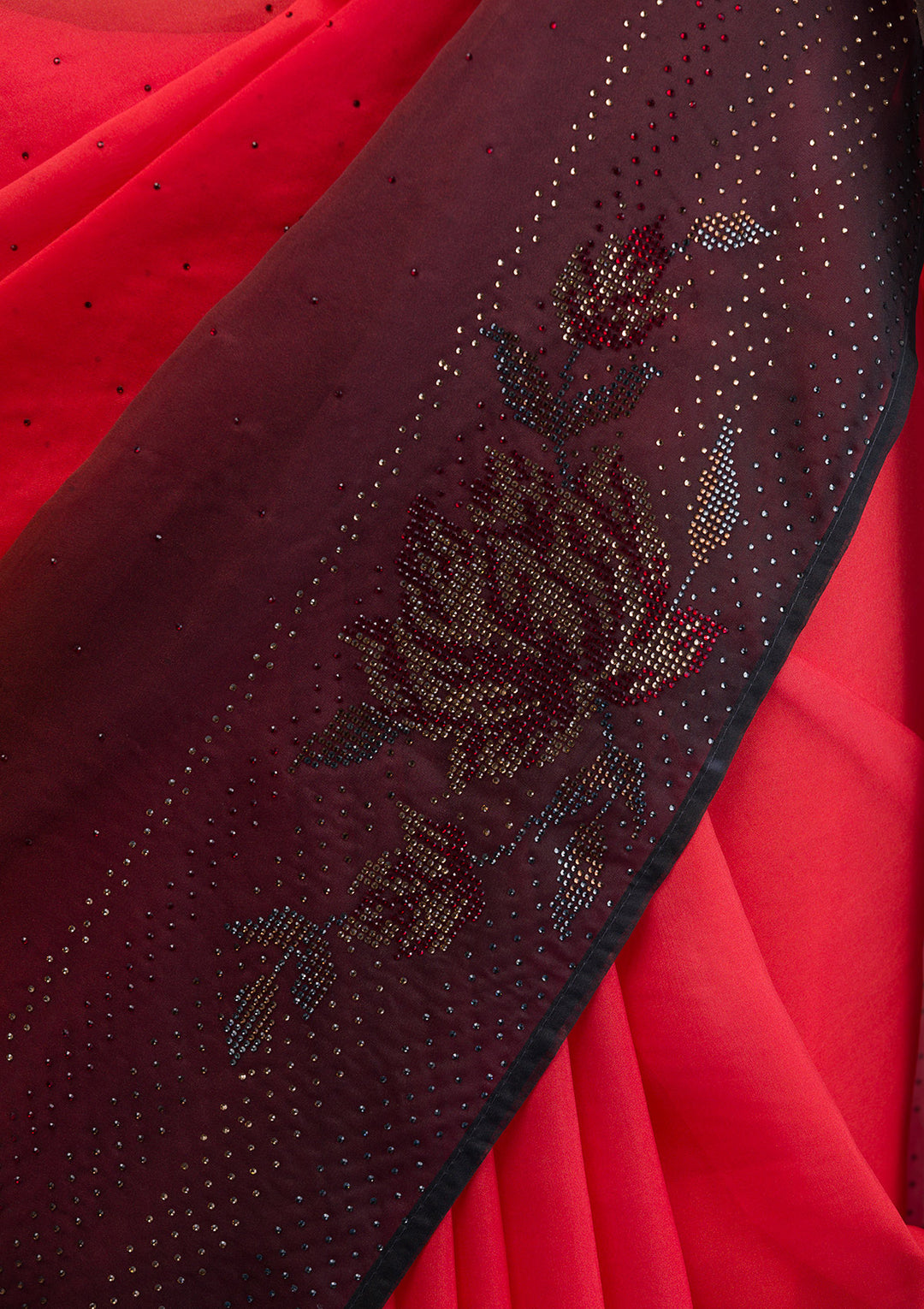 Red Satin Swarovski Saree With Matching Blouse Piece