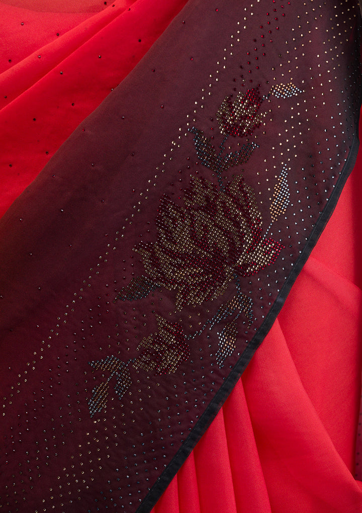 Red Satin Swarovski Saree With Matching Blouse Piece