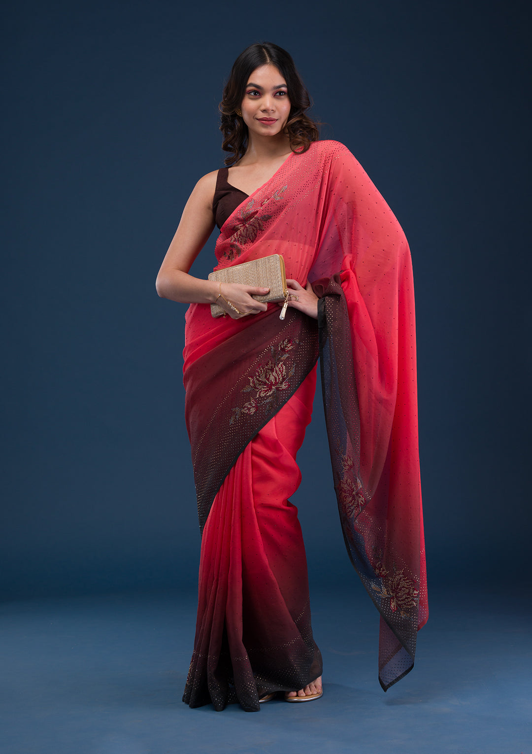 Red Satin Swarovski Saree With Matching Blouse Piece