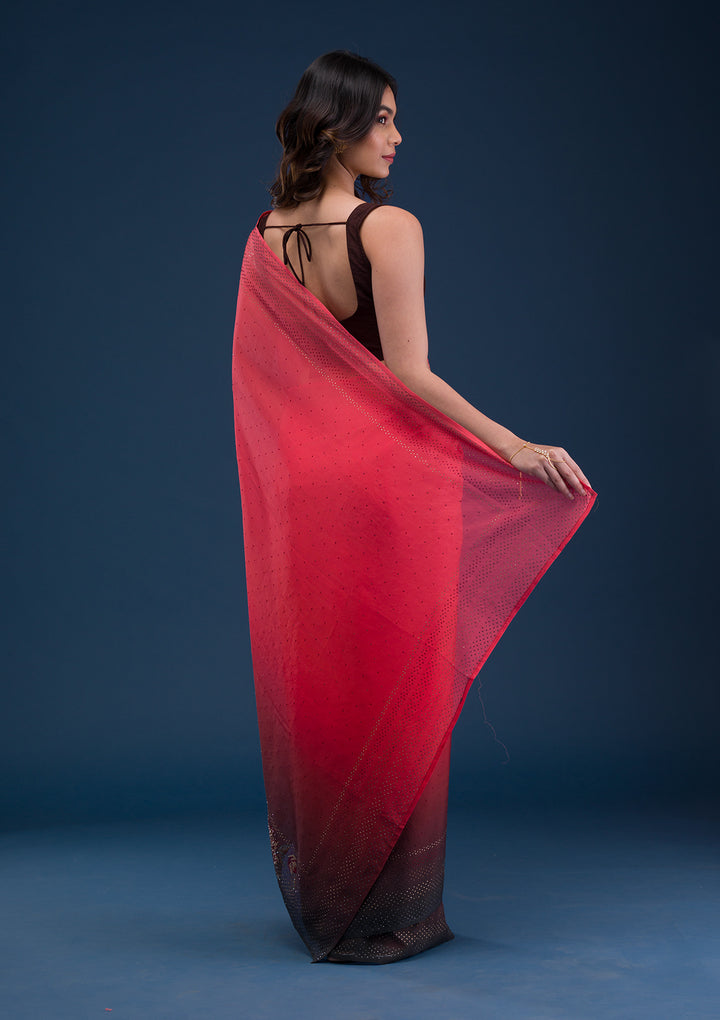 Red Satin Swarovski Saree With Matching Blouse Piece