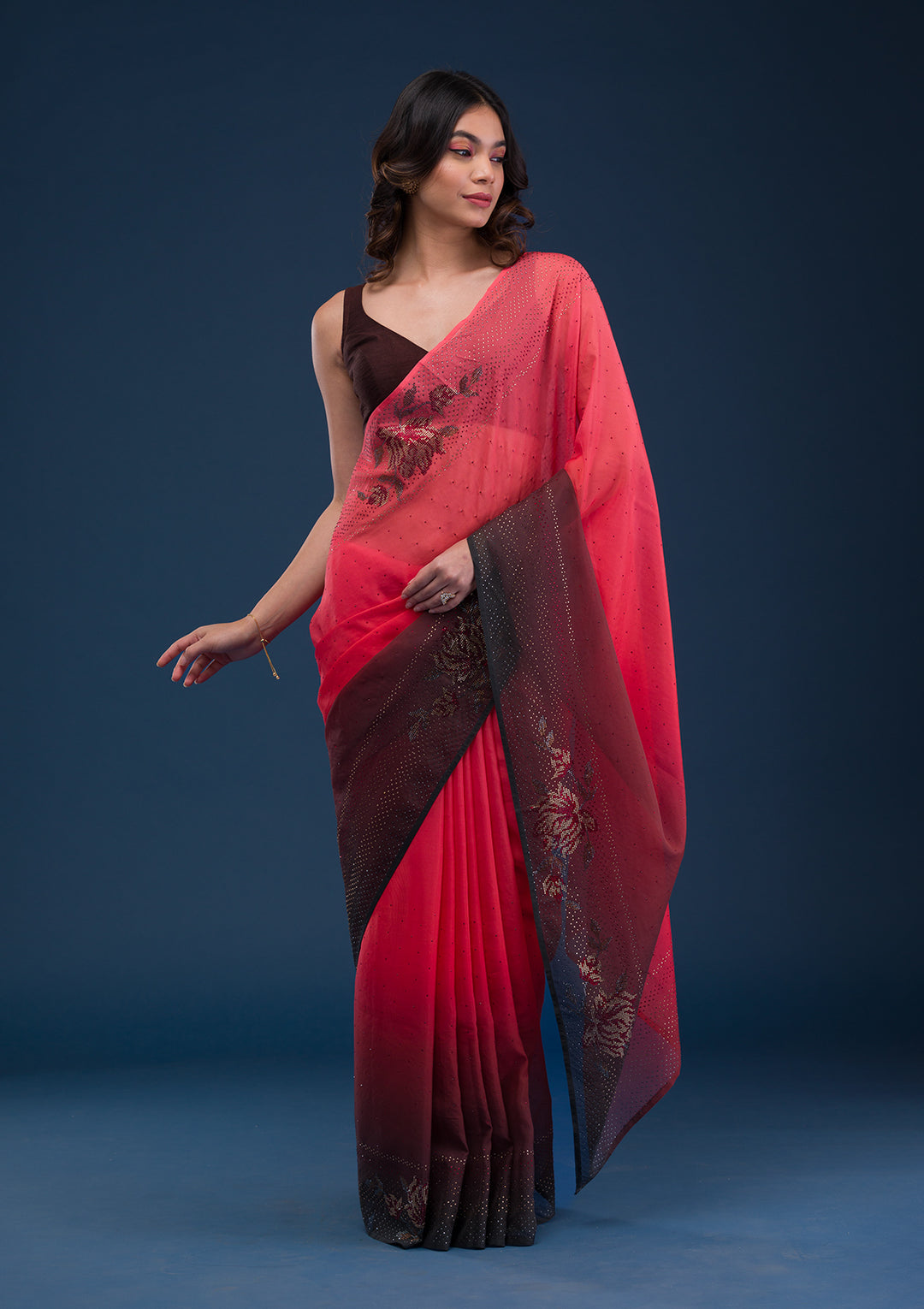 Red Satin Swarovski Saree With Matching Blouse Piece