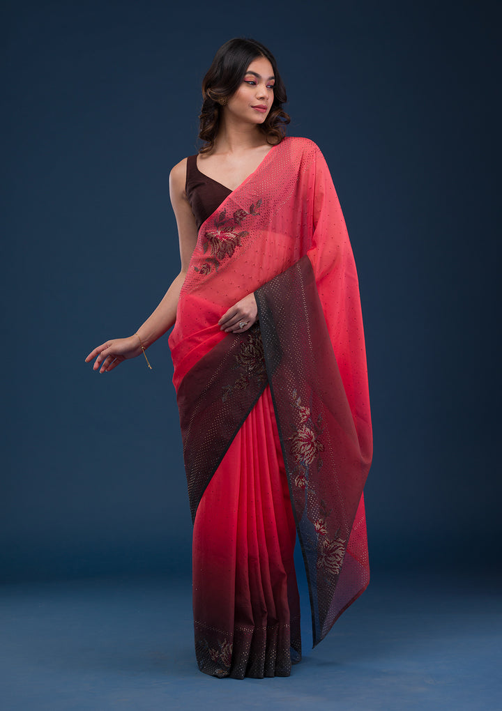 Red Satin Swarovski Saree With Matching Blouse Piece