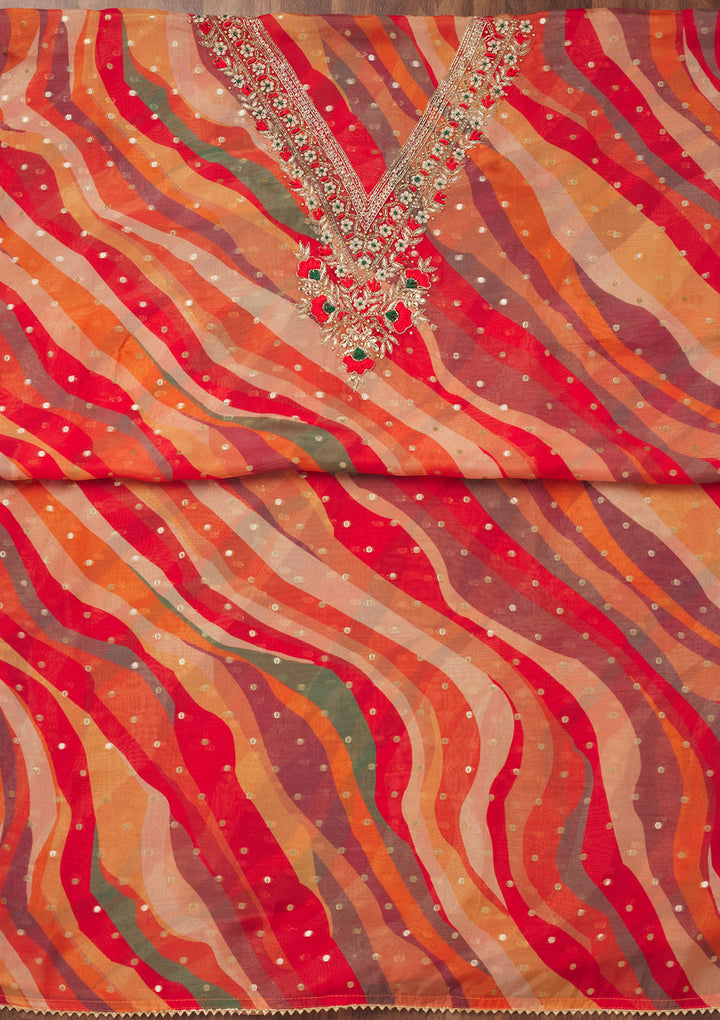 Red Threadwork Chiffon Unstitched Salwar Suit