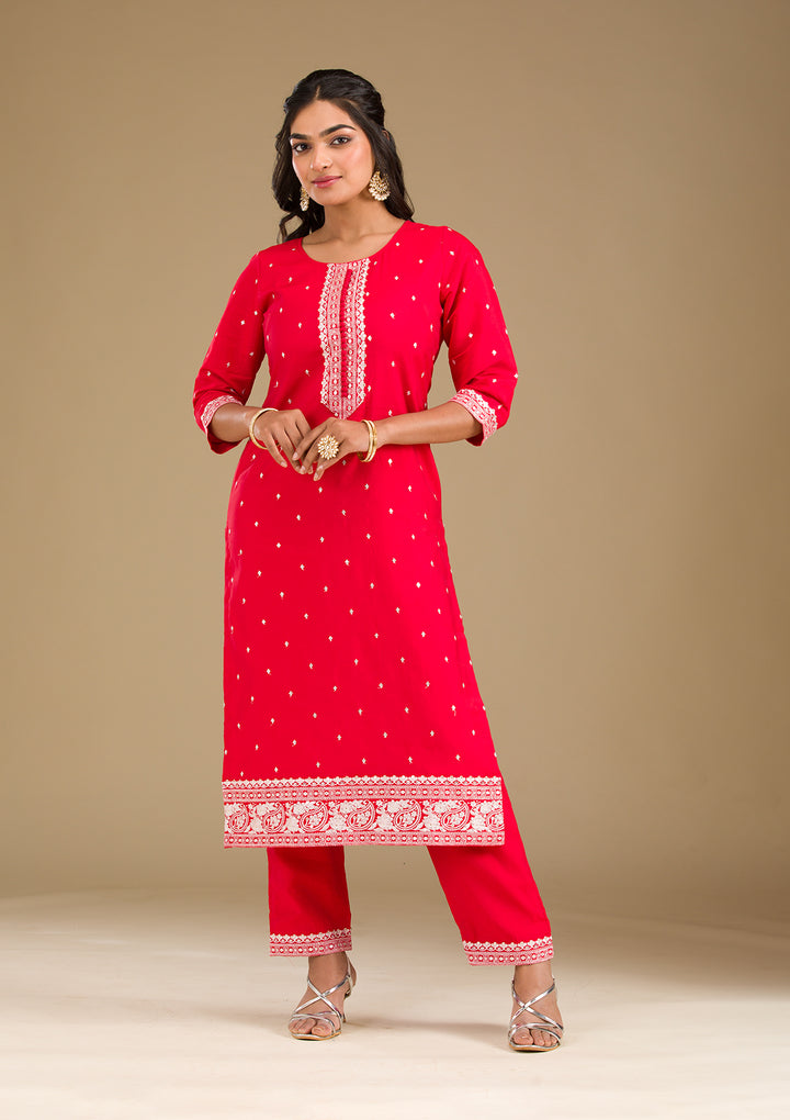Red Threadwork Semi Crepe Readymade Salwar Suit