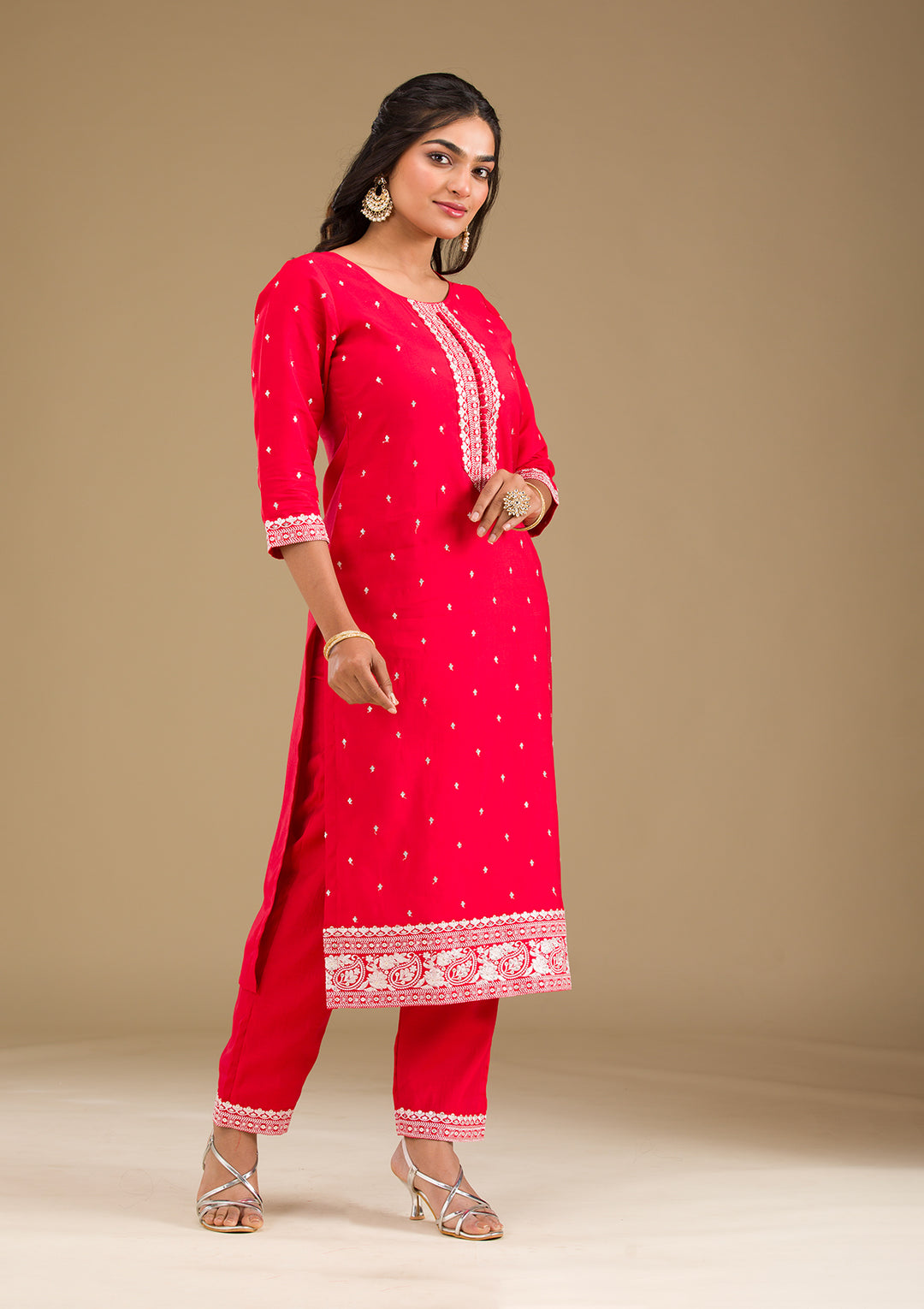 Red Threadwork Semi Crepe Readymade Salwar Suit
