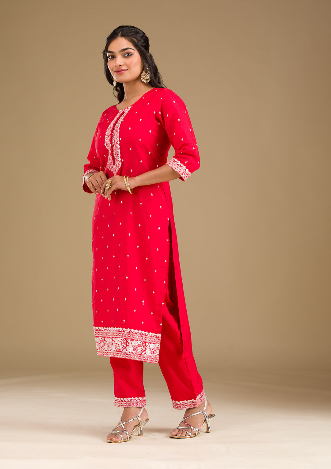 Red Threadwork Semi Crepe Readymade Salwar Suit