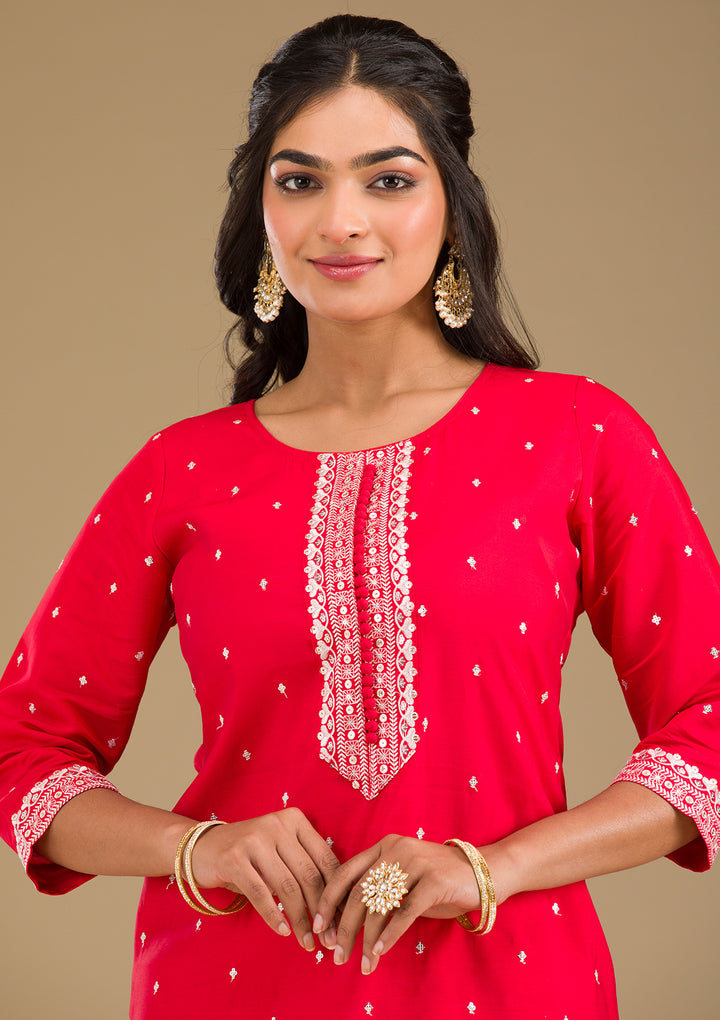 Red Threadwork Semi Crepe Readymade Salwar Suit