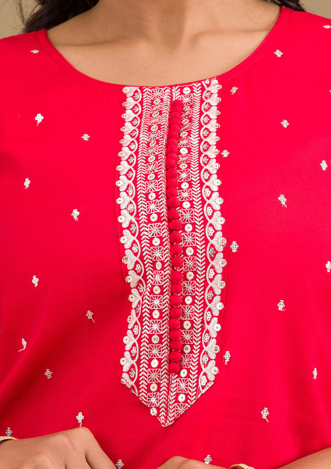 Red Threadwork Semi Crepe Readymade Salwar Suit