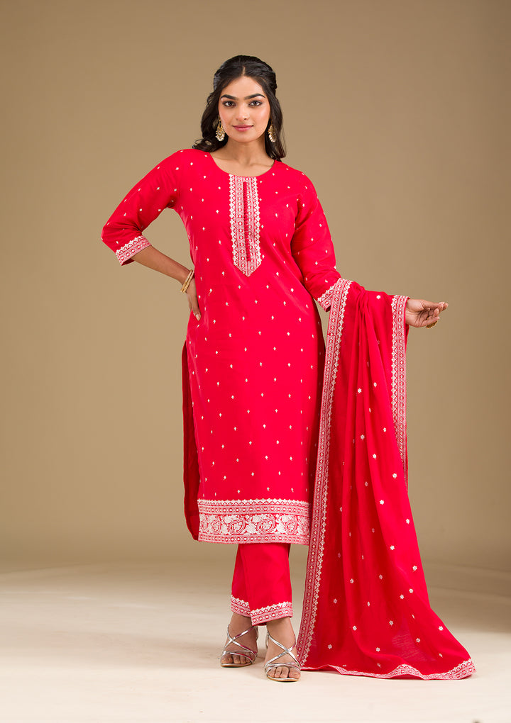 Red Threadwork Semi Crepe Readymade Salwar Suit