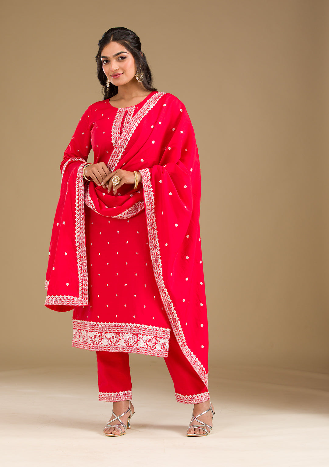 Red Threadwork Semi Crepe Readymade Salwar Suit