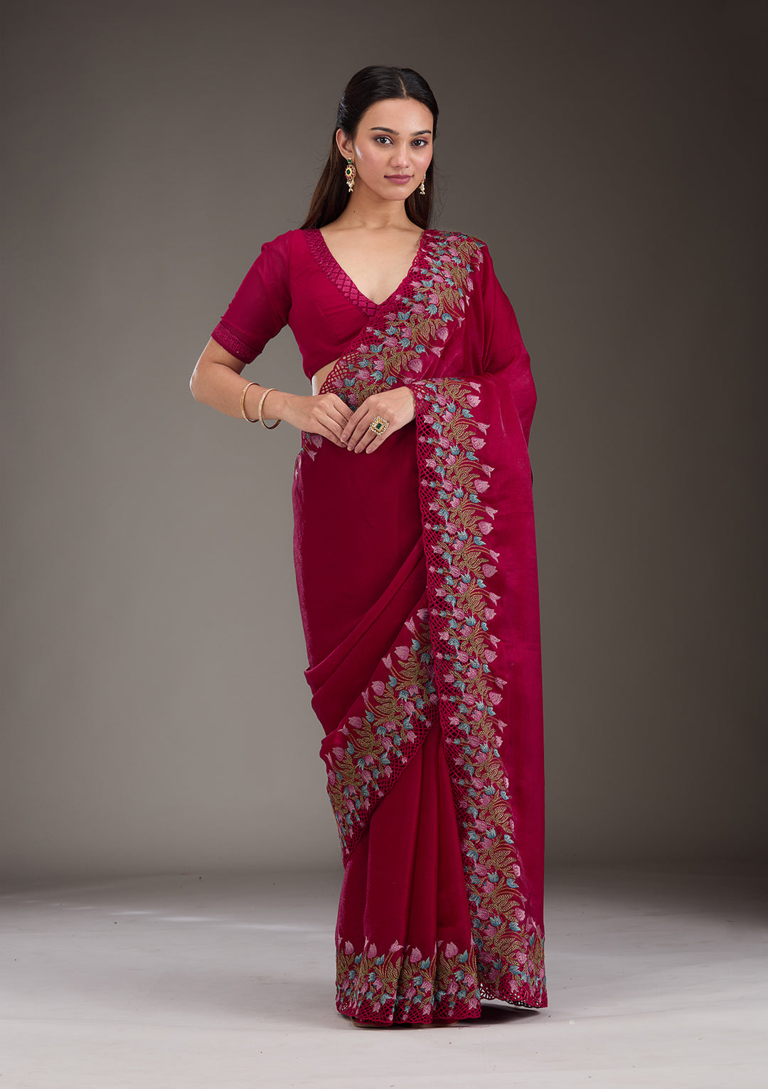 Red Tissue Cutwork Saree With Matching Blouse Piece