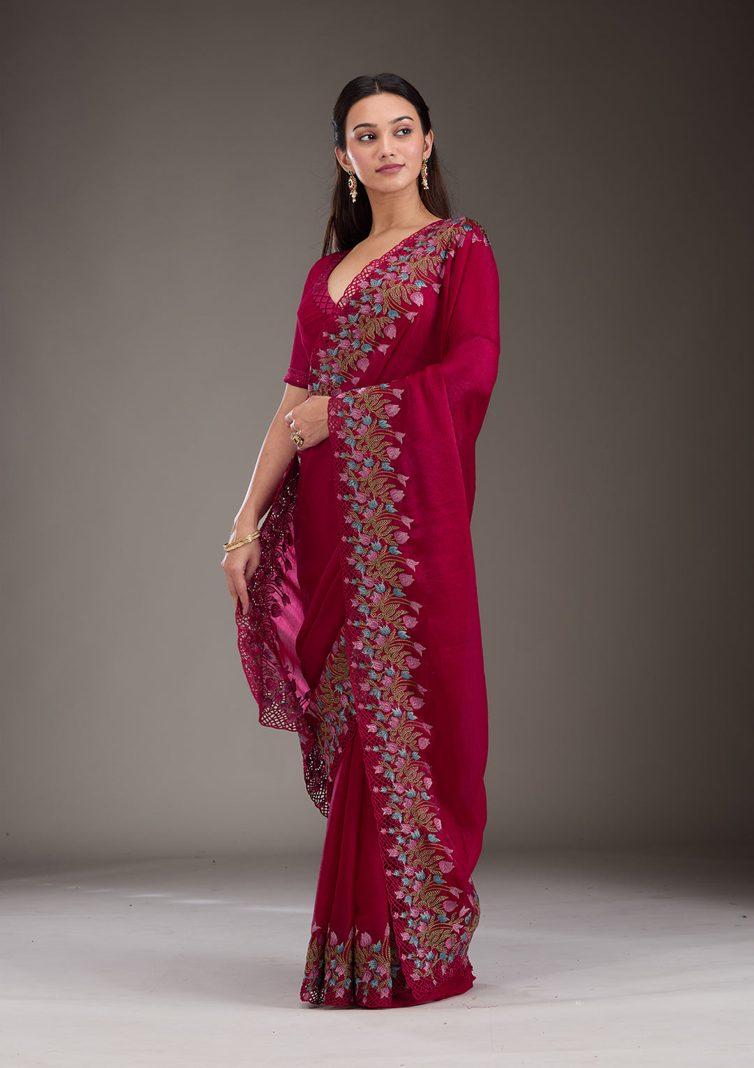 Red Tissue Cutwork Saree With Matching Blouse Piece